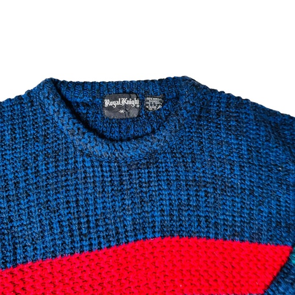 Royal Knight Sweater Mens S-M Blue Red Green Cable Knit Retro Striped Casual Vtg - Picture 2 of 8